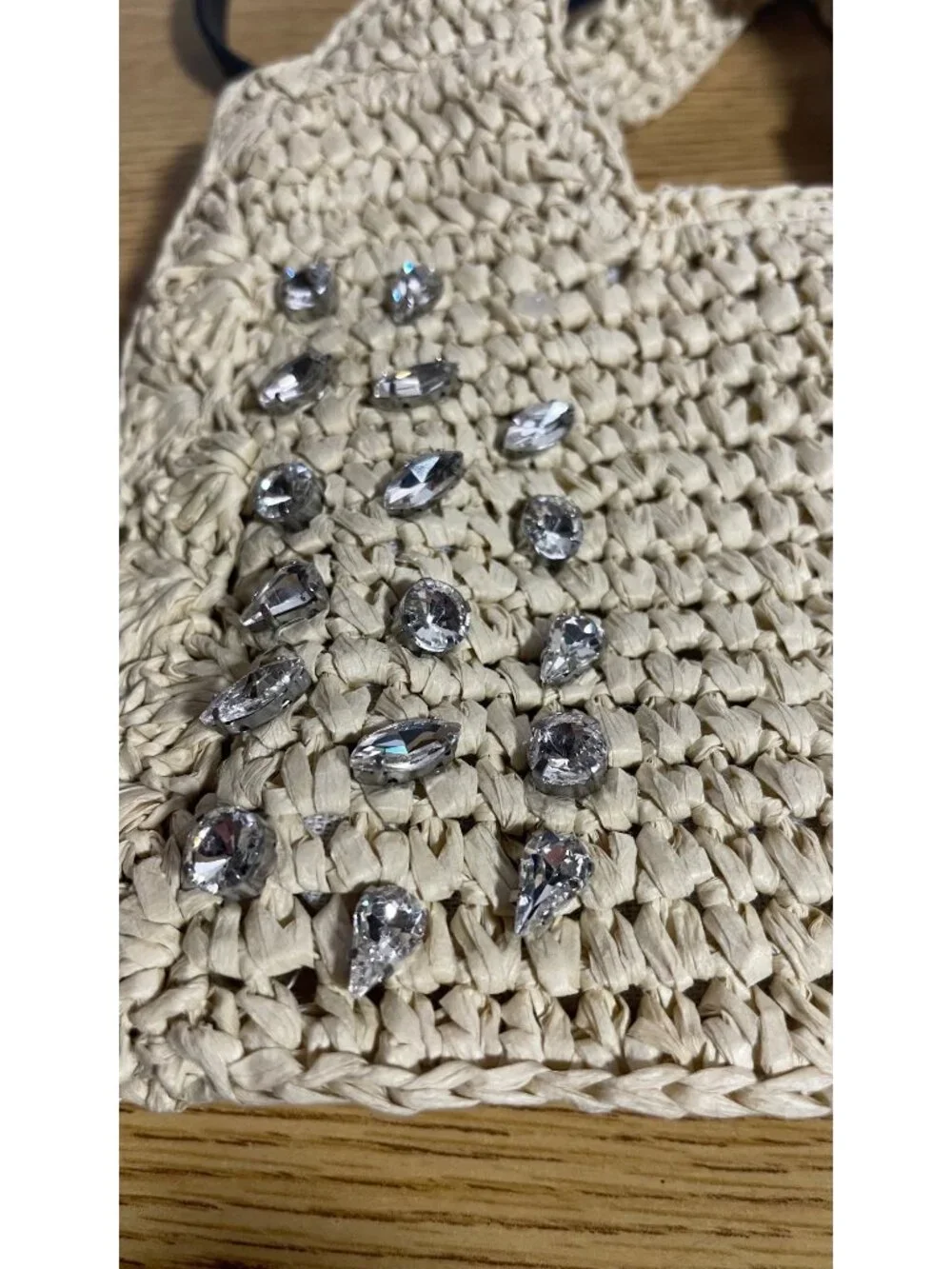 Beige Woven Straw Bag With Rhinestone Accents & Adjustable Strap Minimalist